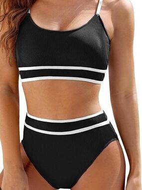 Black Ribbed High-Waist Two-Piece Swim Set with White Trim